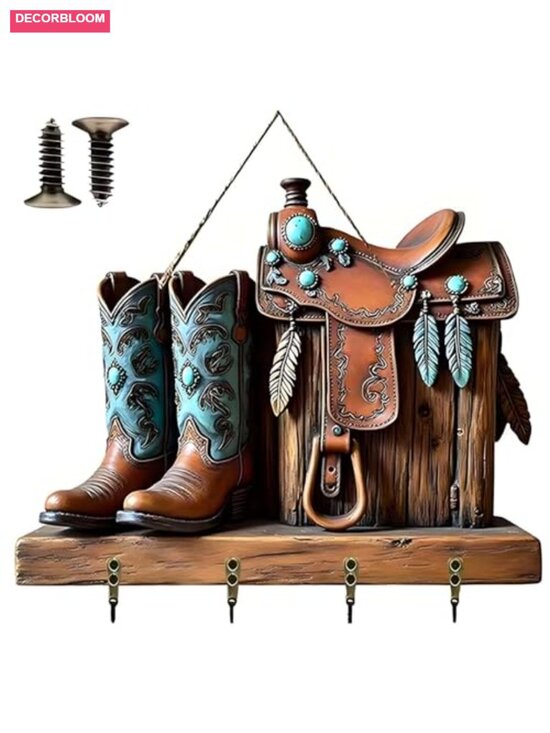 Other - Boot-Shaped Wooden Key Holder with 4 Hooks - Wall Mount Entryway Organizer